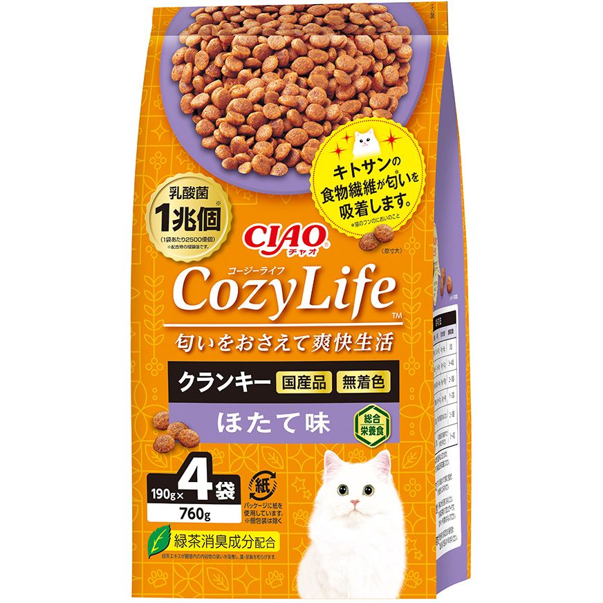 （まとめ買い）いなばペットフードCIAOCozyLifeクランキーほたて味760g（190gx4袋）猫用フード[x4]