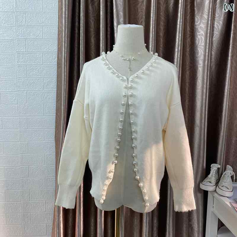 ニット レディース カーディガン おしゃれ カジュアル パール セーター ショート 秋冬 ホワイト ブラック