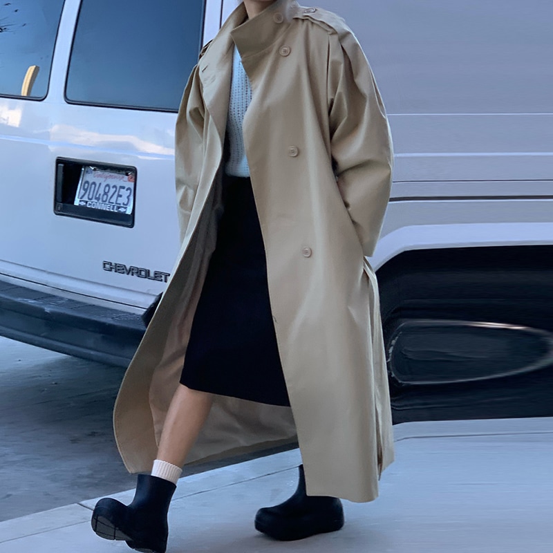 韓国コートラペルと紐を結びウエストを絞ったシングルダウン膝上丈のロングコートコートの女性[S/L2colour]