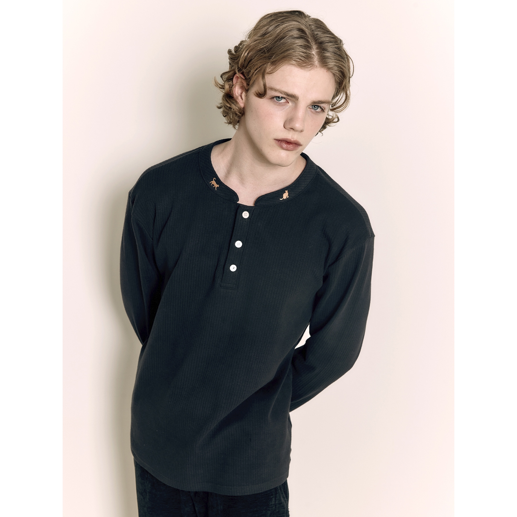 夢の中の宝石 ヘンリーネックリブトップス黒色