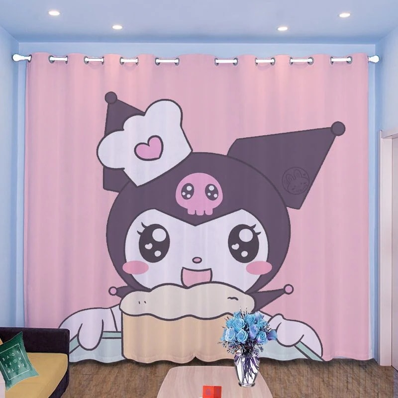母の日カートゥーン・クロミ姫風カーテン子供部屋ピンク系女の子の寝室のふらふら窓に穴あきカーテンなし