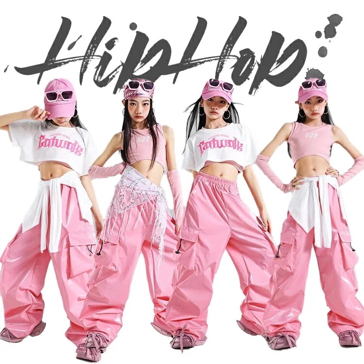 [3日出荷 新作]ピンク ダンス衣装 キッズ 女の子 ダンスウェア タンクトップ へそ出し レザー パンツ ガールズ 長ズボン 発表会 応援団 イベント ジュニア カッコイイ 普段着 ja