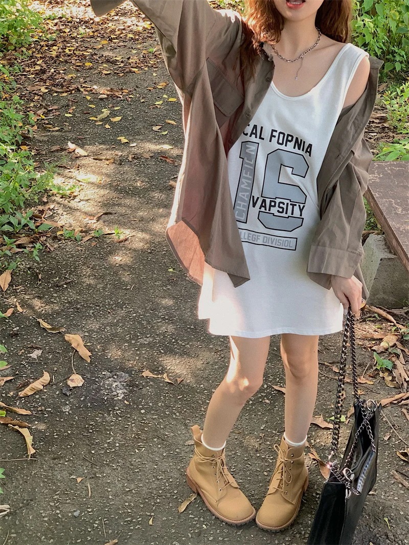 セットアップ ワンピース シャツ レディース ミニ ノースリーブ 長袖 ビッグ オーバーサイズ ルーズ ゆったり ラフ カジュアル 重ね着 かわいい 普段使い 着回し 白 カーキ グレー フリーサイズ