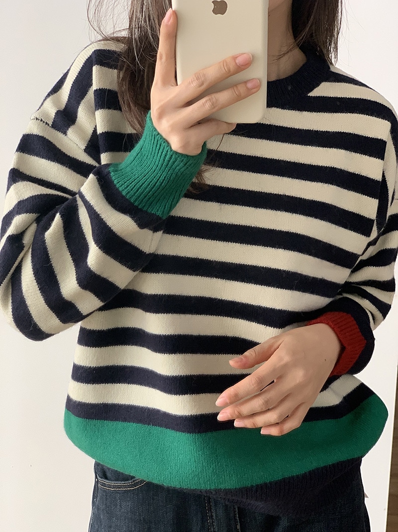 TK0051 ニット セーター アシンメトリー ボーダー カジュアル モード ストライプ シンプル カラーデザイン 個性的