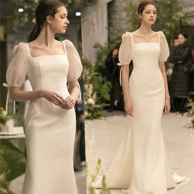 ホワイト ウェディングドレス　Aライン ロングドレス ウェディングドレス　半袖　袖あり　トレーン ファスナータイプ　xs～xl　Wedding Dress　お花嫁　結婚式　旅行撮影演出　レディースウ