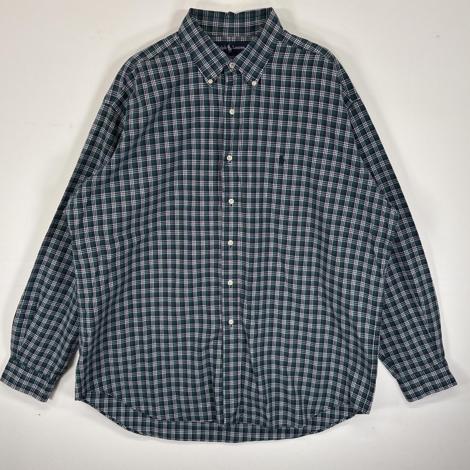 古着 長袖シャツ ボタンダウンシャツ ワンポイント ロゴ 刺繍 大きいサイズ XL ネイビー系 チェック メンズ