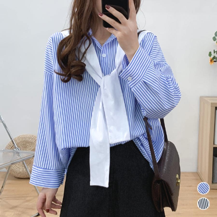 【本日限定】気質 韓国ファッション 長袖シャツ シャツブラウス ストラップ柄 レディース