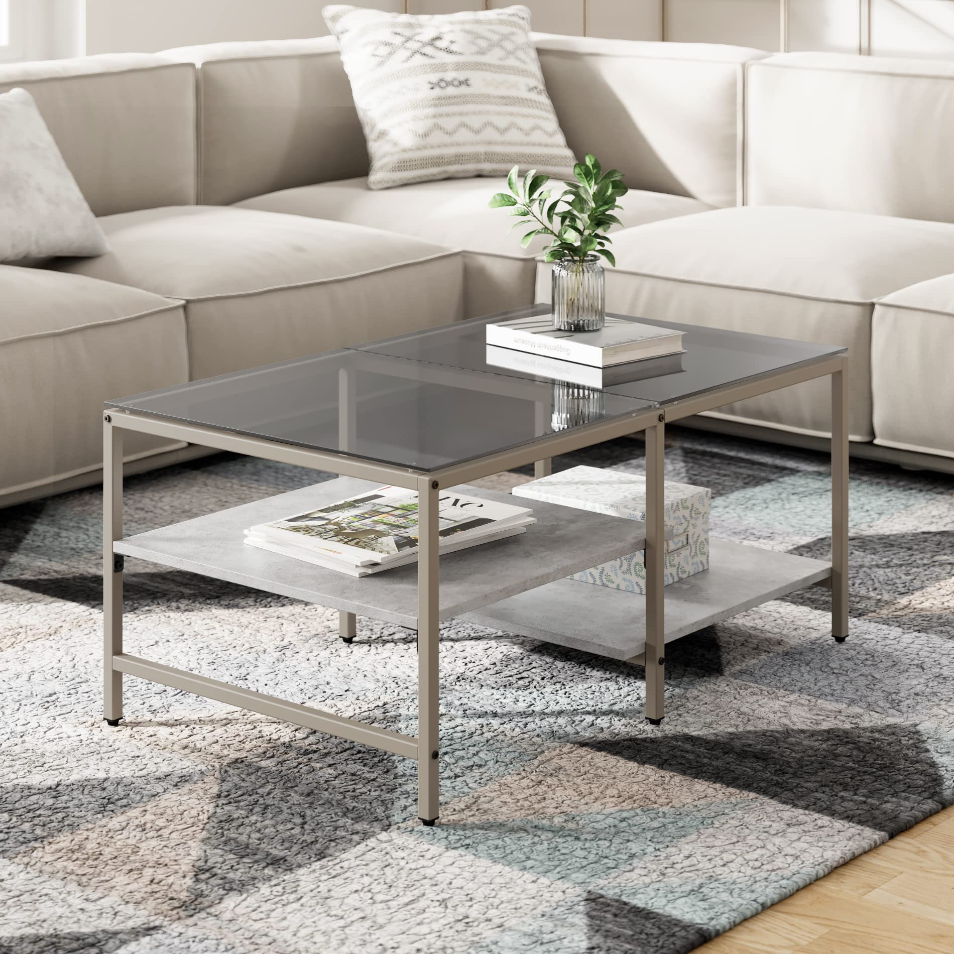 HOMOOI ローテーブル センターテーブル ガラステーブル 二段収納 強化ガラス 収納付き おしゃれ リビング 一人暮らし 幅100×奥行60×高さ45cm 岩グレー