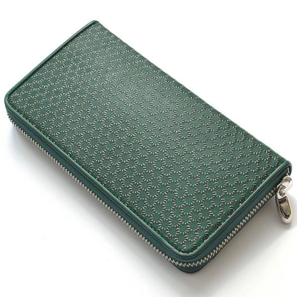 【新規OPEN】【期間限定セール】【激安】【新品未使用】 鹿革漆付け　牛革　麻の葉模様柄　印伝　日本製　ラウンドロングウォレット　IDA-103　緑黒