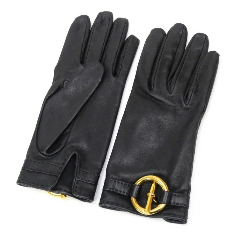 エルメス HERMES レザーグローブ G金具 黒 ラムレザー 【中古】(66998)