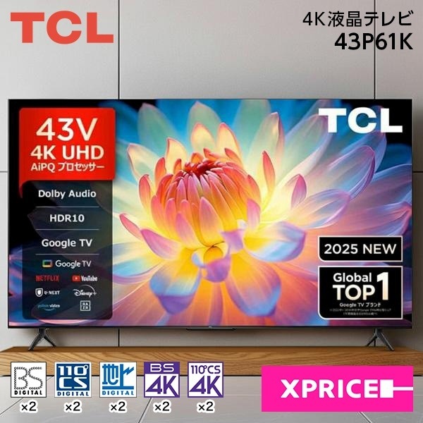 テレビ 43型 43P61K 43V型 地上・BS・110度CSデジタル 4Kチューナー内蔵 液晶テレビ