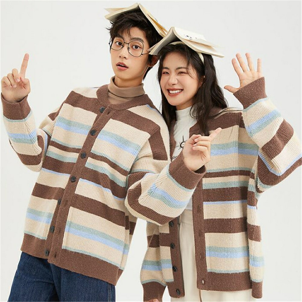 ペアルック カーディガン レディース ボーダー Vネック ファッション ペアルック カップル お揃い 服 トップス クリスマス プレゼント リンクコーデ ペア カップル ペアルック ブランド コーデ