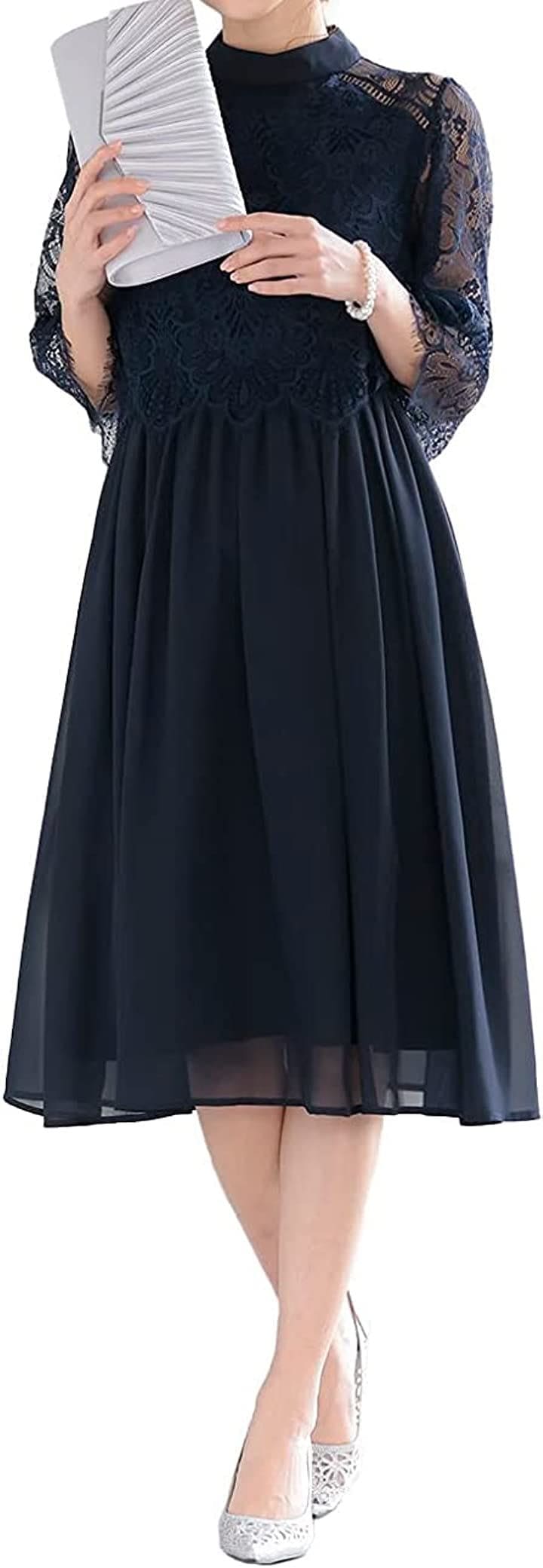 パーティ ワンピース ドレス レディース ボトルネック フレア 結婚式 およばれワンピース パーティードレス NVY( ネイビー / 320140, L)