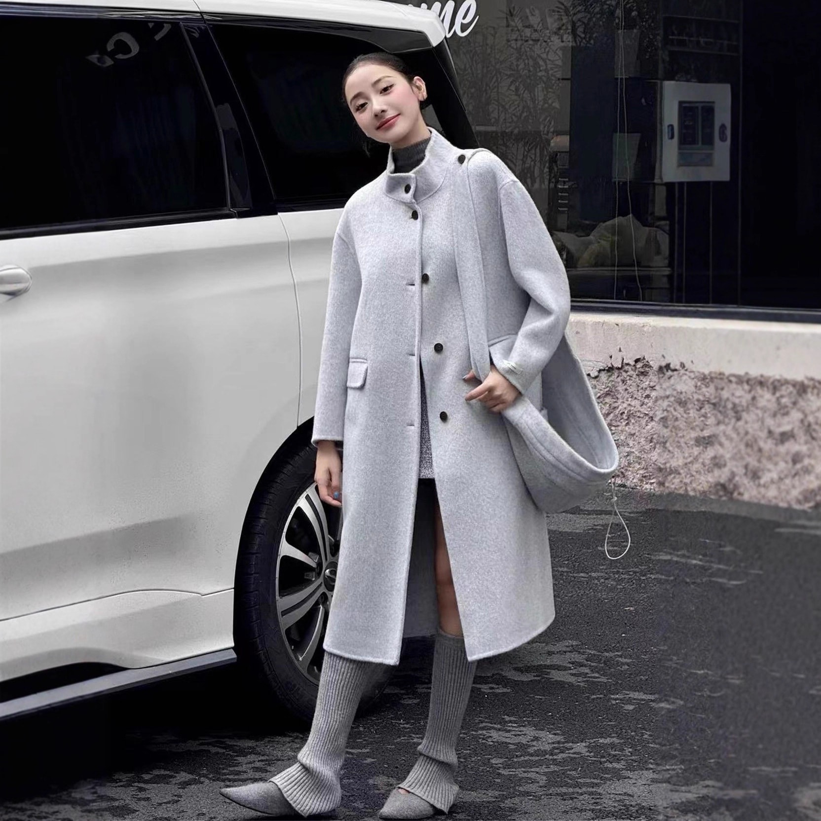 2025年秋冬新作 韓国風 両面カシミヤコート レディース ロング丈 ゆったり 着痩せ シンプル フード付き ウールバッグ付き