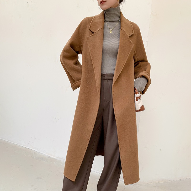 ピュアハンドメイド両面カシミアコート女性秋冬新作韓国ルーズベルトウールツイードジャケット