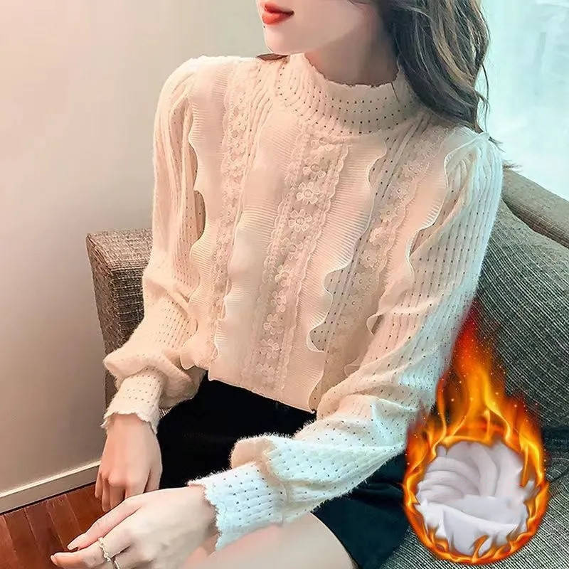 長袖 レディース 新作セール レース付き フリルブラウス 無地 丸襟 シンプル 秋冬 インナーウエア カジュアル フリル ストレートブラウス トップス レースブラウス 裏起毛ブラウス インナーブラウス