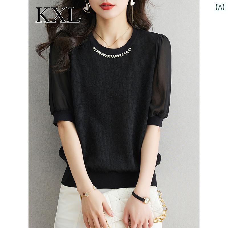トップス レディース おしゃれ 上品 通勤 オフィス カジュアル 夏 スリーブ ひんやり 快適 ニット 黒 半袖 Tシャツ 美しい シャツ