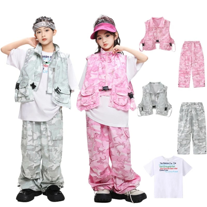 迷彩ダンス衣装キッズヒップホップベストtシャツパンツ女の子男の子セットアップ迷彩キッズダンス衣装hiphopかっこいいロンパンダンスウェアB系ステージ衣装jazzKPOPジャズダンス発表会演出服文化祭
