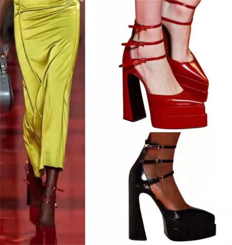 INSスタイル 憎しみ天高 ピンヒール サンダル キャットウォーク バックル エナメル 超高いヒール 防水台 ハイヒール Tステージ 太いヒール スパイクシューズ 中空