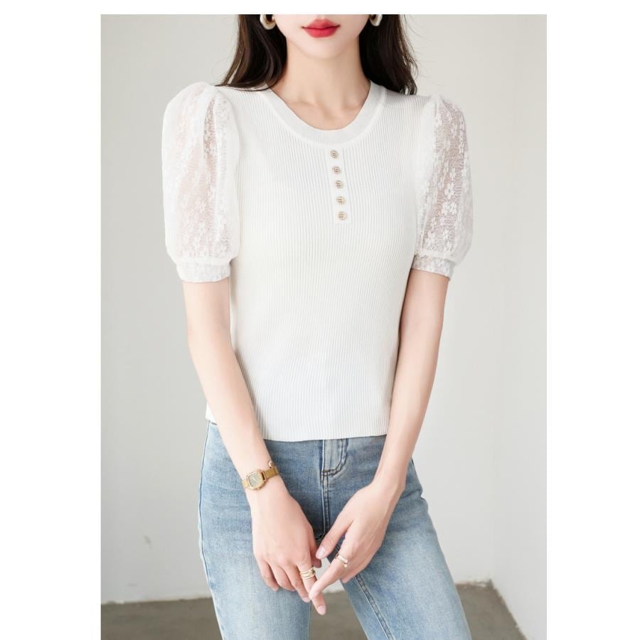 【超お得1つ買うと10個もらえる】急速出荷30% OFFサマーニット レディース 半袖 レース パフスリーブ 花柄 シースルー カットソー Tシャツ ニットトップス 夏 可愛い きれいめ