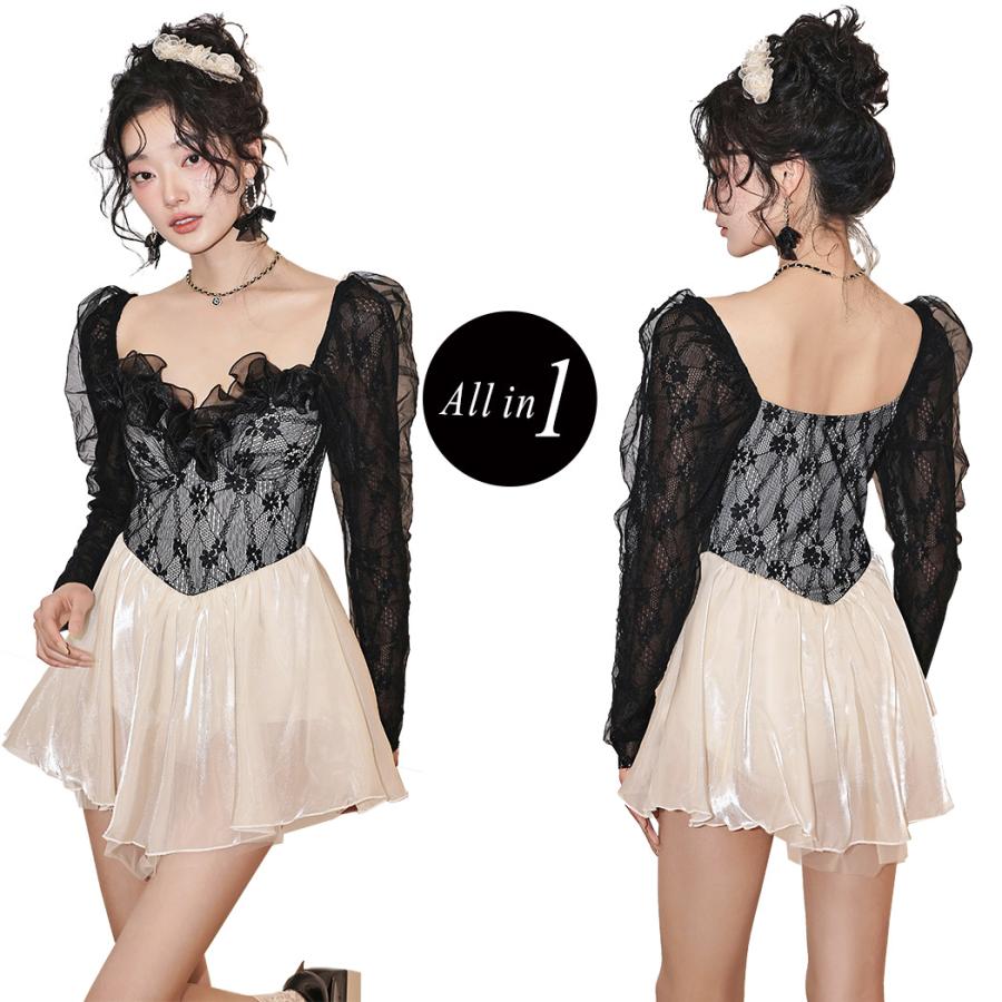 おしゃれ オールインワン かわいい 透け 刺繍 フリル 黒 ワンピース 水着 花柄 レディース 体型カバー レース 長袖 女性