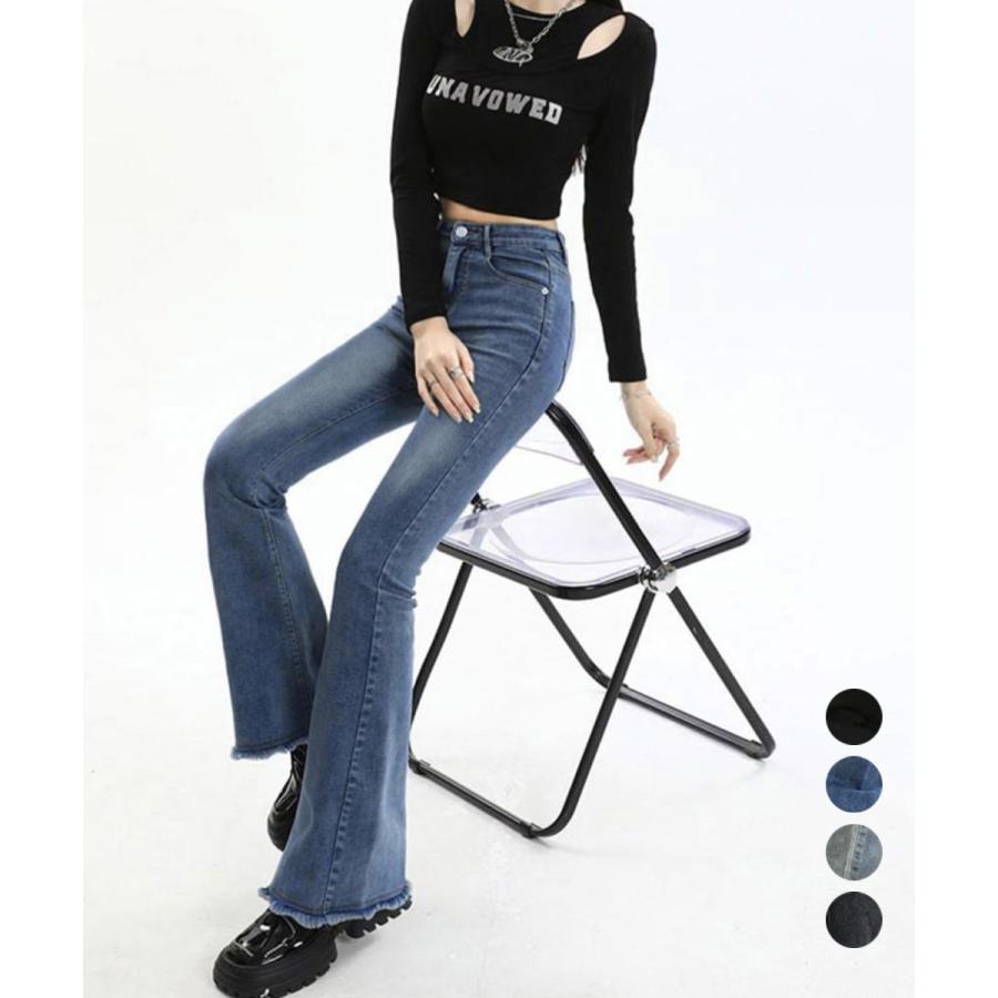 セミフレアデニムパンツ美脚フリンジパンツ【ネコポス投函】