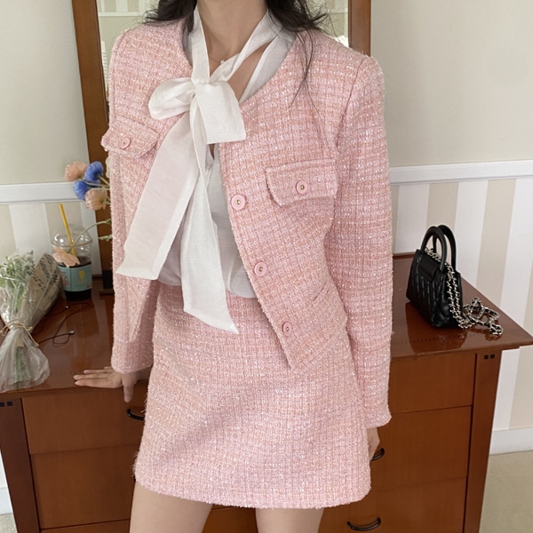 韓国ファッション クロップ ノーカラー ラウンド ツイード ジャケット