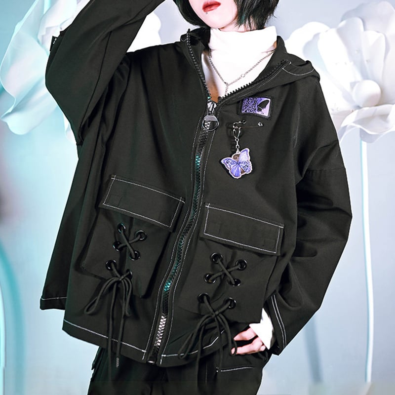 チャイナ風アウター coat フード付き 蝶々 オリジナル ブラック 黒い 春秋服 個性的なデザイン
