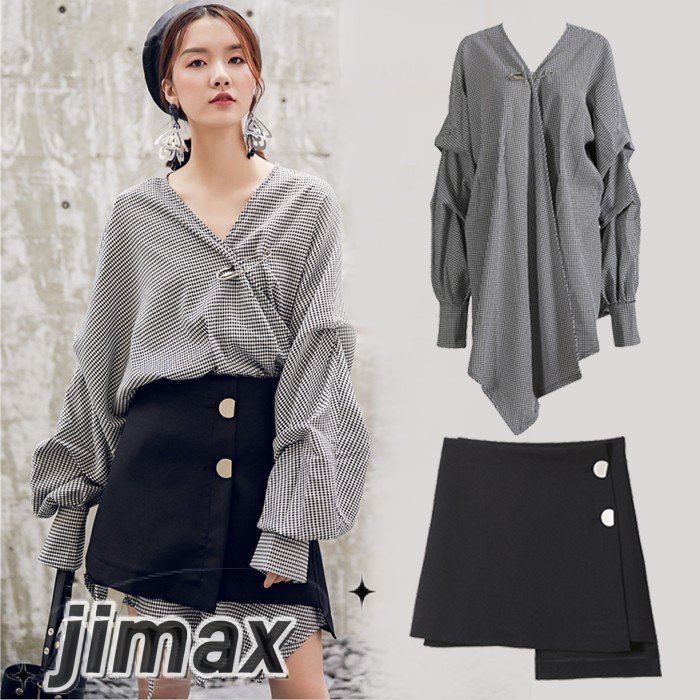 セットアップ レディース カジュアル 夏 シャツワンピース スカート セットアップ レディース ロングシャツ シャツ チェック ミニスカート ロング 長袖 ボリューム袖 イレギュラーヘム Vネック 春