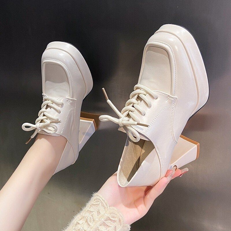 2026 新作 8cm ハイヒール 防水台 厚底 ローファー ブロックヒール レースアップ レディース パンプス