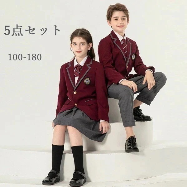 学生服 子供服 韓国風 ピアノ発表会 上下セット 5点セット キッズスーツ キッズフォーマルスーツ 女の子 男の子 高校生 中学生 制服 ジャケット ブラウス スカート リボン 七五三 誕生日 合唱服