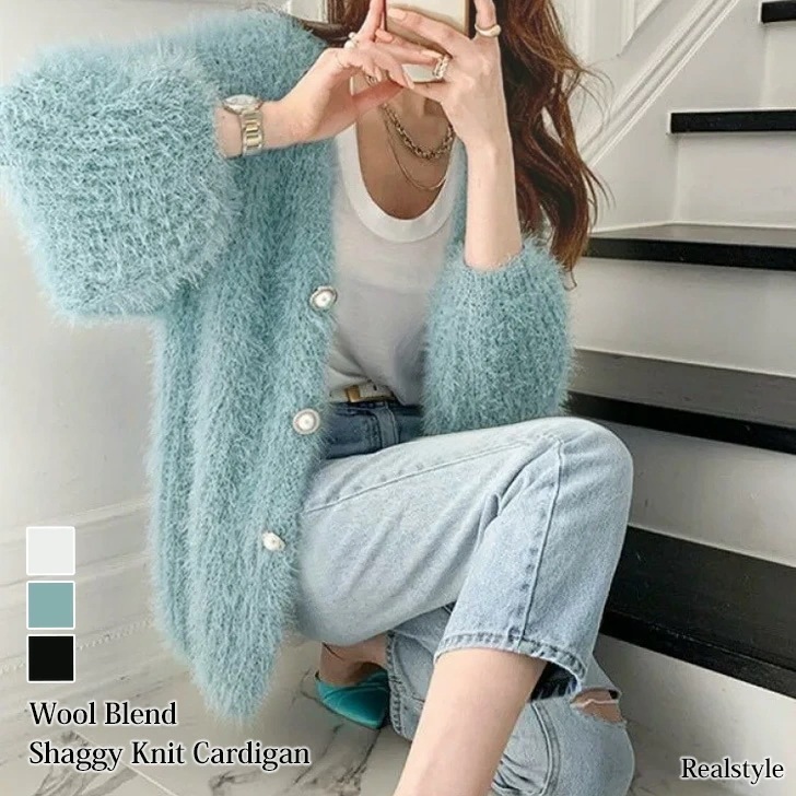 ウールブレンドフェイクパールボタンシャギーニットカーディガン レディース アウター トップス 秋冬 厚手 大きいサイズ 大きめ ゆったり 羽織り Vネック きれいめ 可愛い 上品 おしゃれ 極暖 あっ