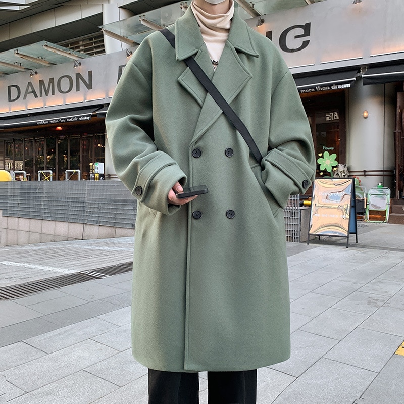 2024秋と冬の新しいウールコートメンズミッドレングスダブルブレットウールコートアボカドグリーンルーズコート