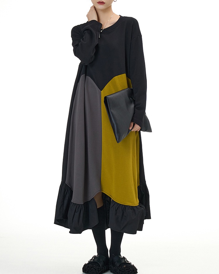 配色切替フリルワンピース ワンピース レディース 綿100 ロング 長袖 モード系 クルーネック 切り替え 配色 フリルワンピ ワンピ ロングワンピース 落ち感 ドレープ感 個性的 体型カバー ゆ