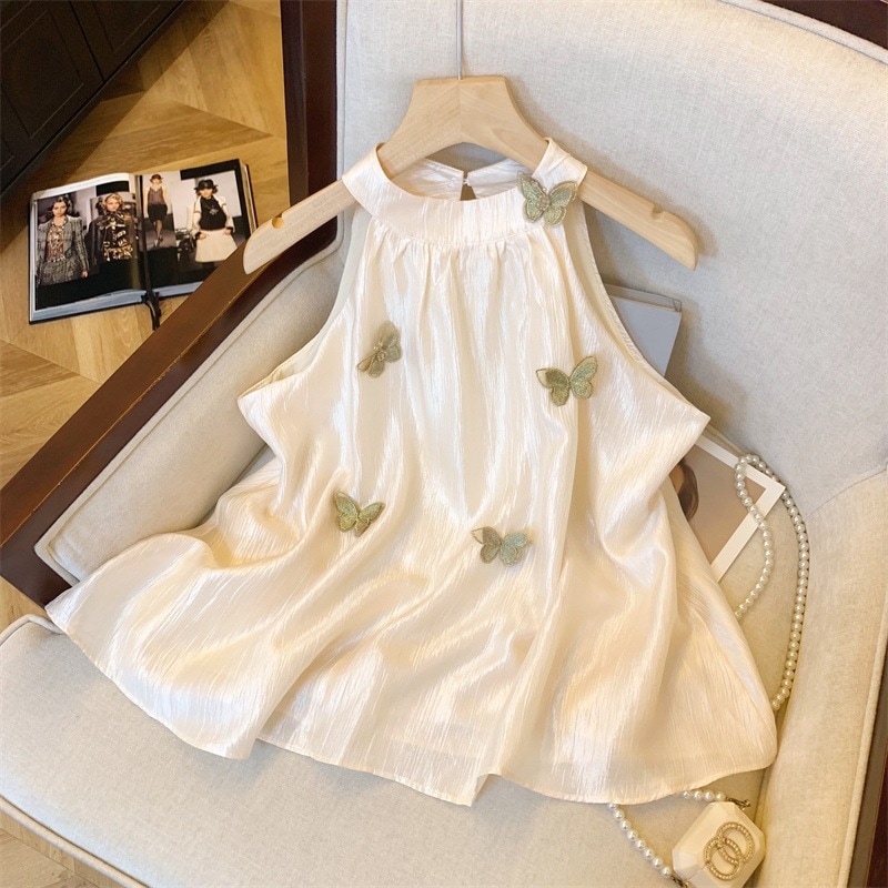 【1つ買うと10つ無料】レトロな3次元バタル装飾品のノースリーブホルターネックハンガーベスト女性のための夏のシフォンシャツ