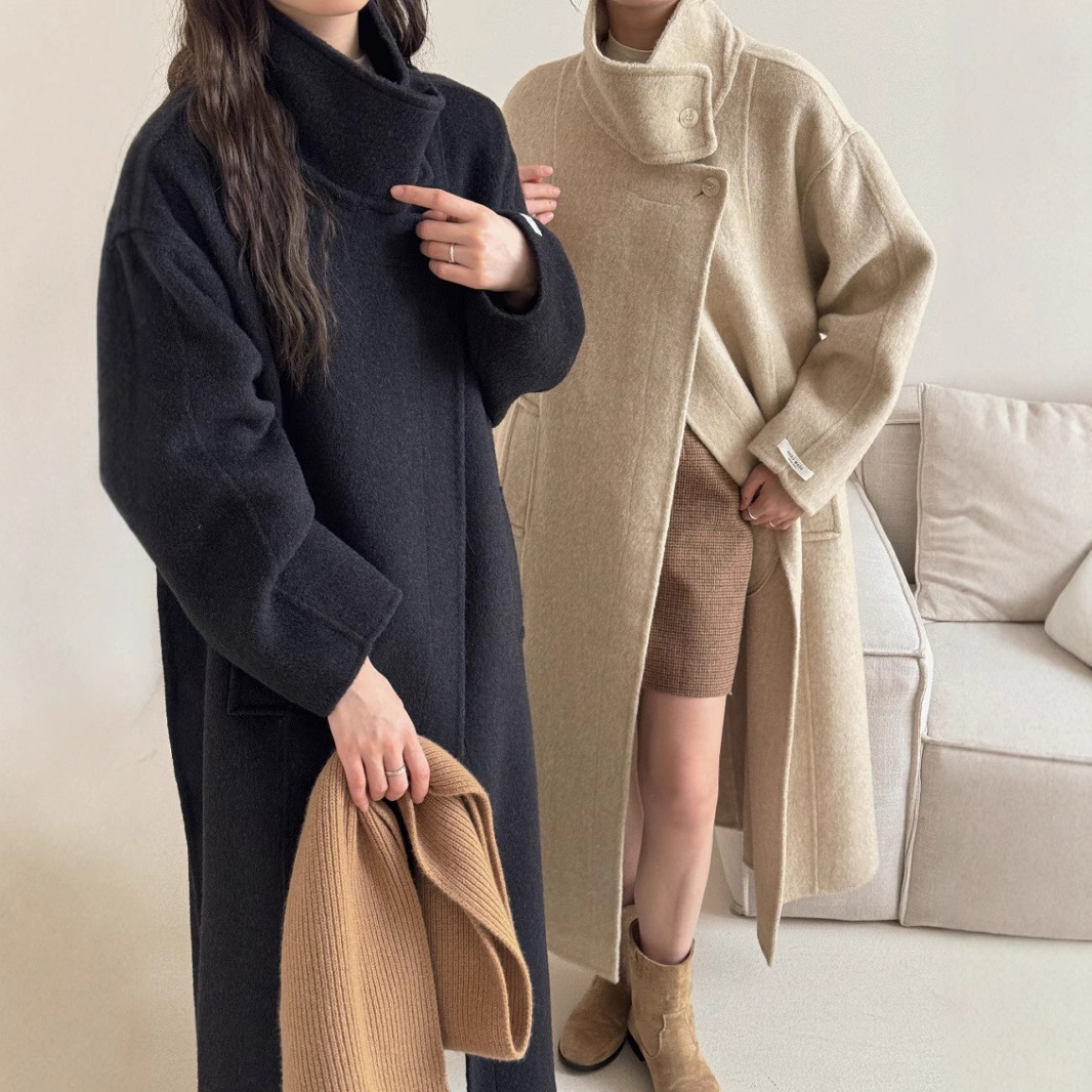 2025スタンドカラーシングルブレスト太ベルト両面ウールコートデザインシルエットウォームカシミヤジャケット