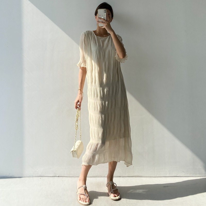半袖ワンピース シフォン ロングワンピース ミモレ丈 ラウンドネック 半袖 Aライン 韓国 レディース オルチャン ルーズ 透け感 ミモレ丈ワンピース 大人カジュアル カジュアル リゾート 4,960円