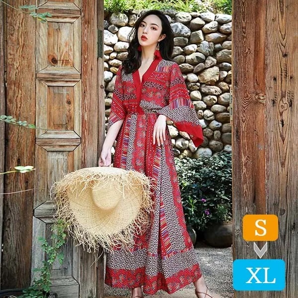 お手頃価格ハワイ リゾートワンピース マキシ丈 七分袖 Vネック ゴムウエスト 体型カバー 大きめ ゆったり 民族風 夏ワンピ ロングワンピース 沖縄 海外旅行 赤 レディース マキシワンピース おし