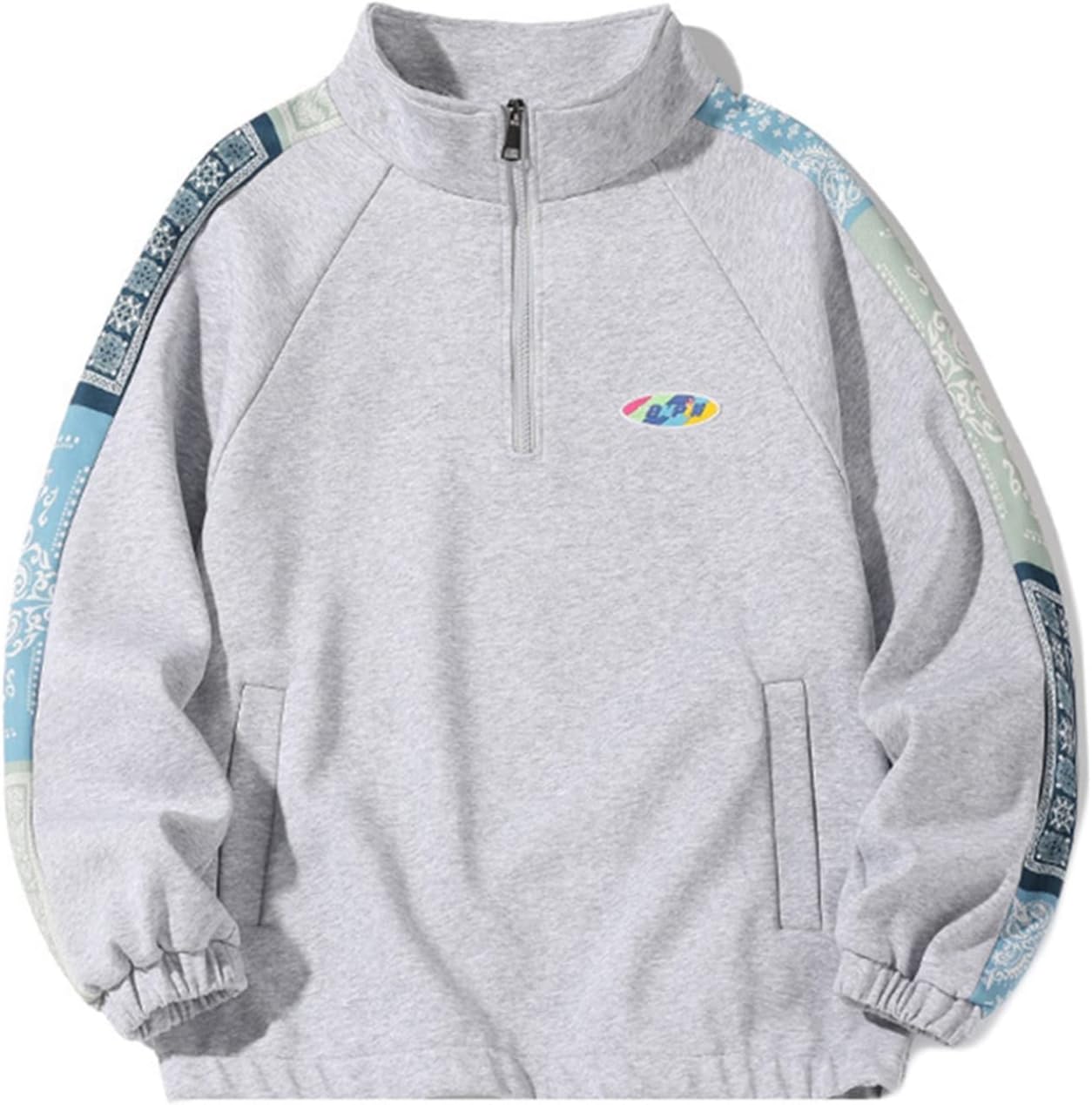 パーカー トレーナー メンズ レディース スタンドカラー ハーフジッパー 切り替え カシューナッツ柄 長袖 カジュアル ハンサム 丈長め 体型パカー プルオーバー 柔らかい オシャレ 通気