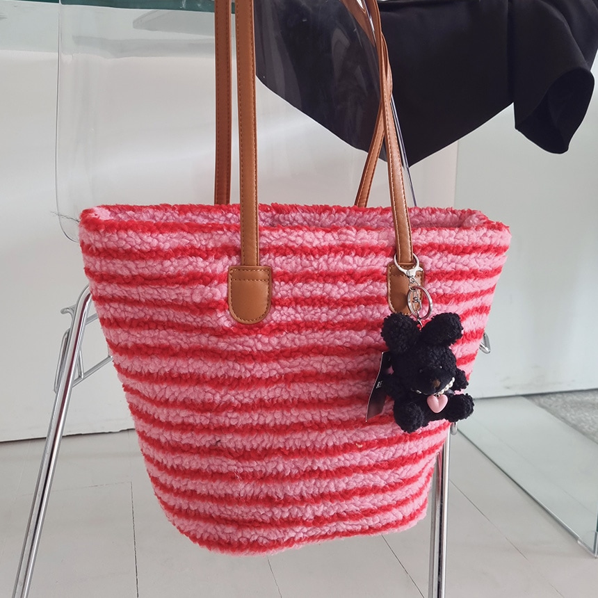 ルア ストライプ フリース 冬 モコモコ エコファー ショルダーバッグ