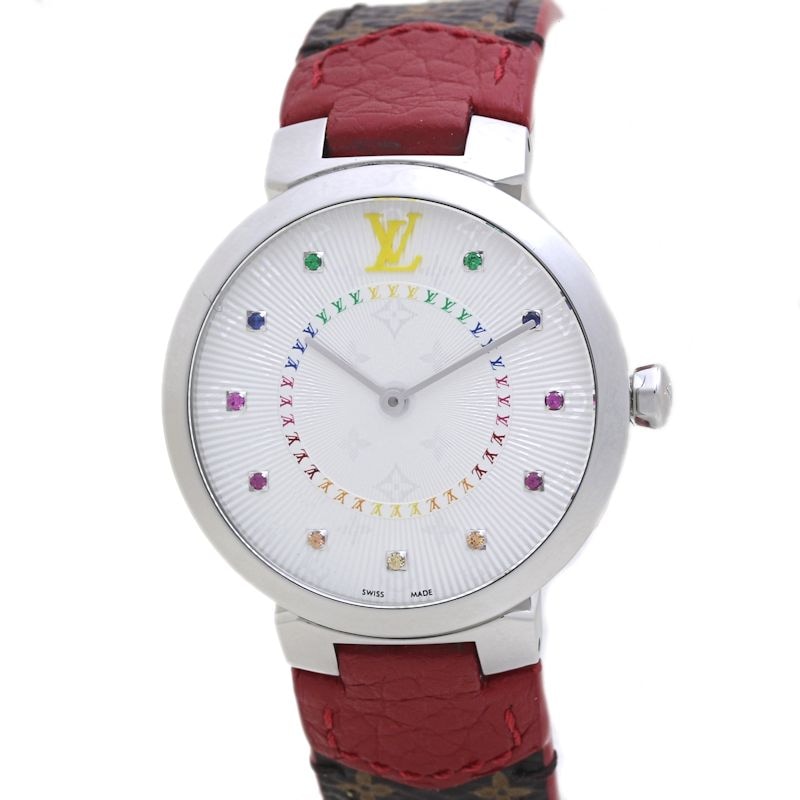 LOUIS VUITTON ルイヴィトン タンブール スリムMM レインボー カラーストーン QA159Z 【磨き済/電池交換済】【中古】 腕時計 レディース SS/40091