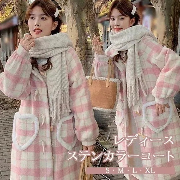 ステンカラーコート チェック柄 冬服 レディース ジャケット ミディアムコート 膝丈 コート ロリータ ロリータコート ロリータアウター トップス アウター 小柄 可愛い 学生 韓国風 ふんわり カ