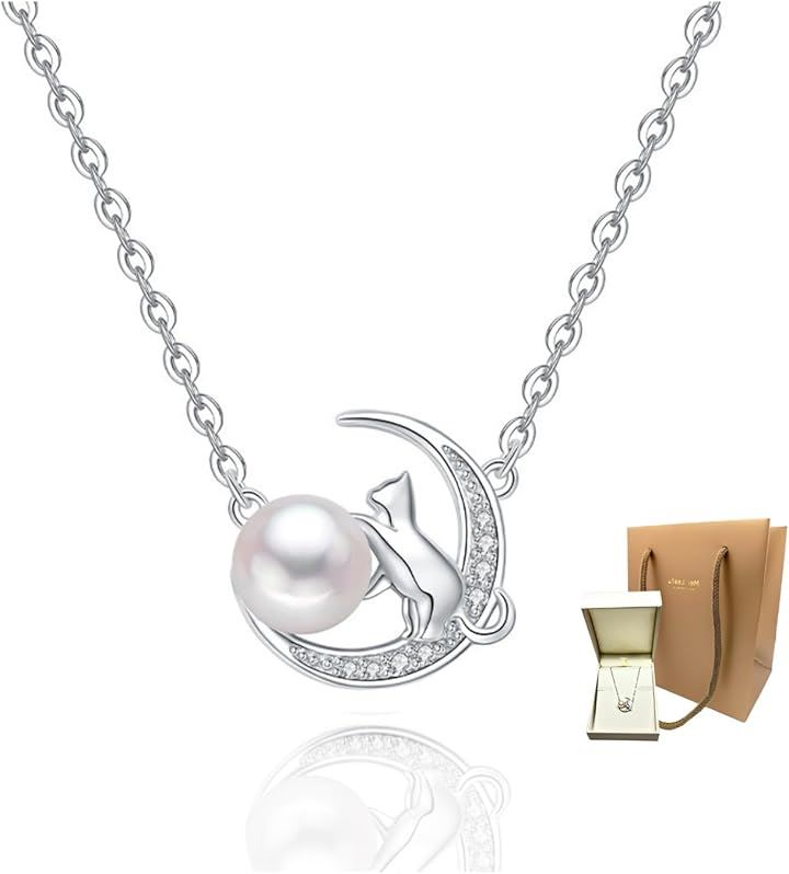 Cute jewelry Mei Leaf 猫 パール 真珠 ネックレス シルバー あずきチェーン アジャスター付き レディース (シルバー, c 猫と月 ギフト用)