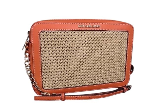 ショルダーバッグ オレンジ ベージュ ストロー×レザー レディース チェーン ゴールド金具【本物保証】