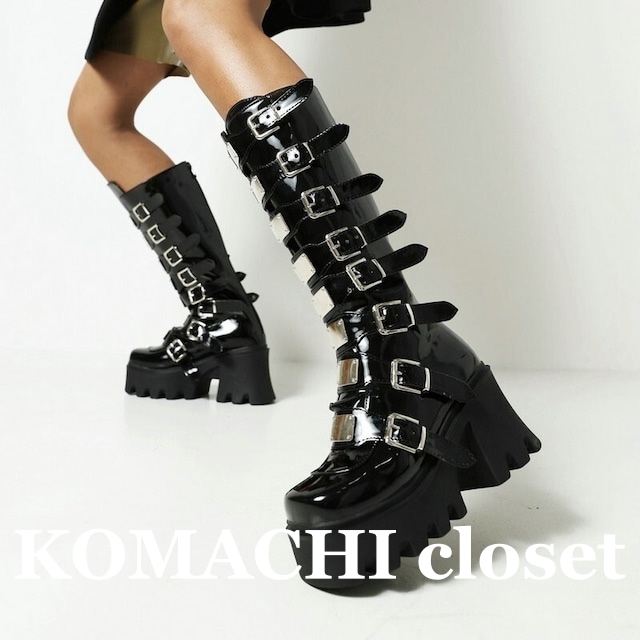 個性派厚底ロングブーツ 黒 ブラック 茶 ブラウン ライトブラウン 韓国 オルチャン レディース ロングブーツ 厚底 バックル パンク 個性的 個性派 秋 冬 楽ちん 可愛い 大人可愛い かわいい