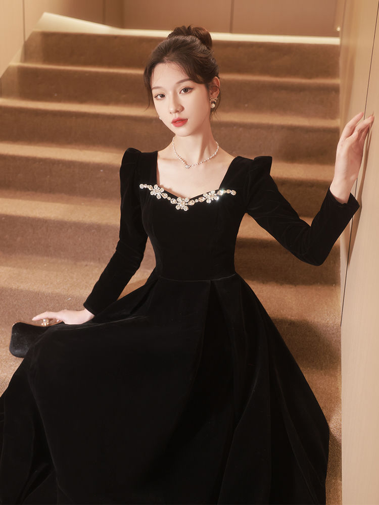 【新品追加】演奏会/ロングドレス韓国ファッション/入学式/卒業式 礼服 黒のイブニングドレスのドレス女性の気質プレミアムテクスチャベルベット長袖ガウン