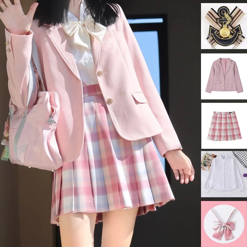 5点セット(ピンクブレザー+スカート+リボン+ブラウス+バッチ) 入学式定番ブレザー制服スクールジャケットイベントチェックスカート就職活動面接アウターコート 卒業式