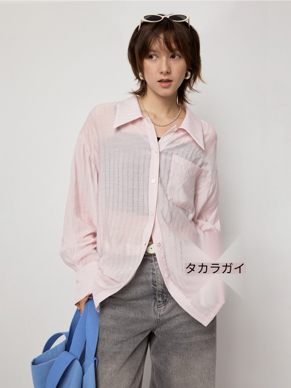 オモント エッグタルト ホーム リヨセル混紡 軽量 物理日焼け止め 長袖シャツ 夏 ピンク テクスチャ ルーズシャツ