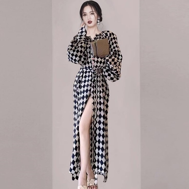 ドレス ワンピース Iラインドレス スリットドレス マキシ丈 袖あり 長袖 ボリューム袖 ラウンドネック Iライン ウエストマーク スリット ハイウエスト きれいめ 大人 おしゃれ かっこいい