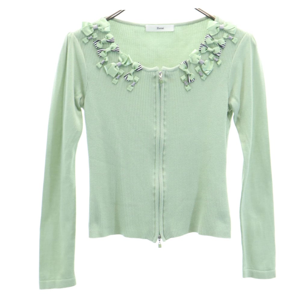 Rene ルネ 日本製 長袖 ジップアップ ニットカーディガン 34 ライトグリーン レディース 古着